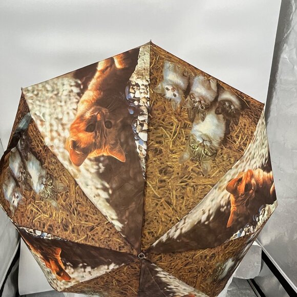 Folding Umbrella With Cat & Kitten Print Wooden Handle Compact For Travel - Picture 2 of 3